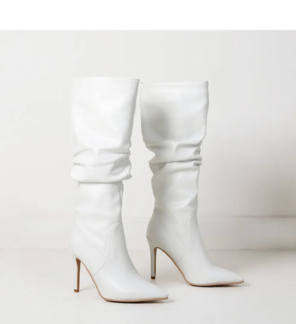 2025 Winter Knee Boots With Heels Woman 10CM Stiletto Fashion Slip on Pointy Autumn Shoes Women Soft Leather Pleated Long Boots