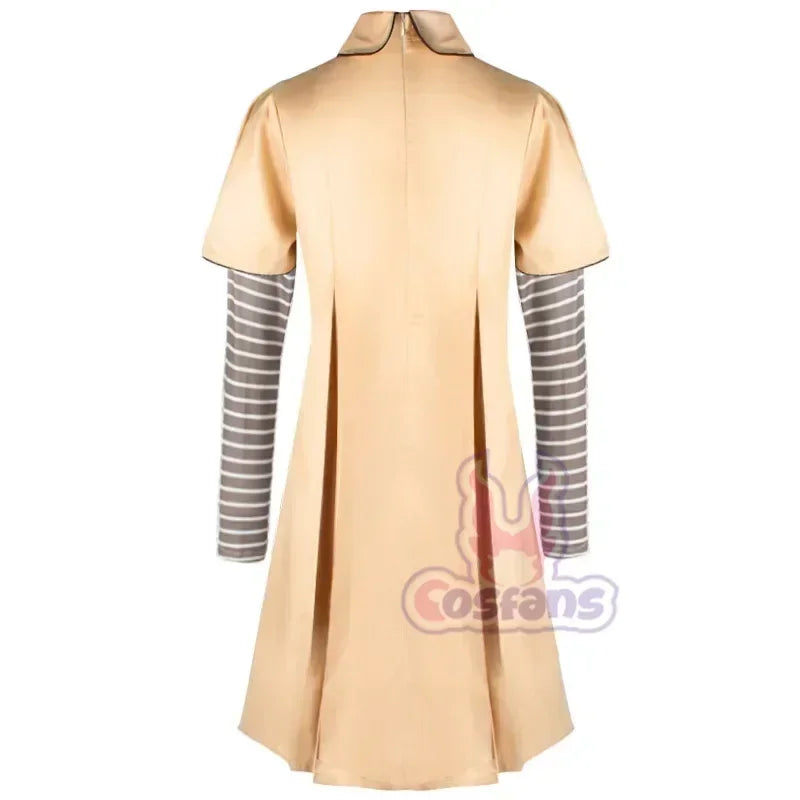 Back view of M3GAN cosplay costume for kids in beige with striped sleeves