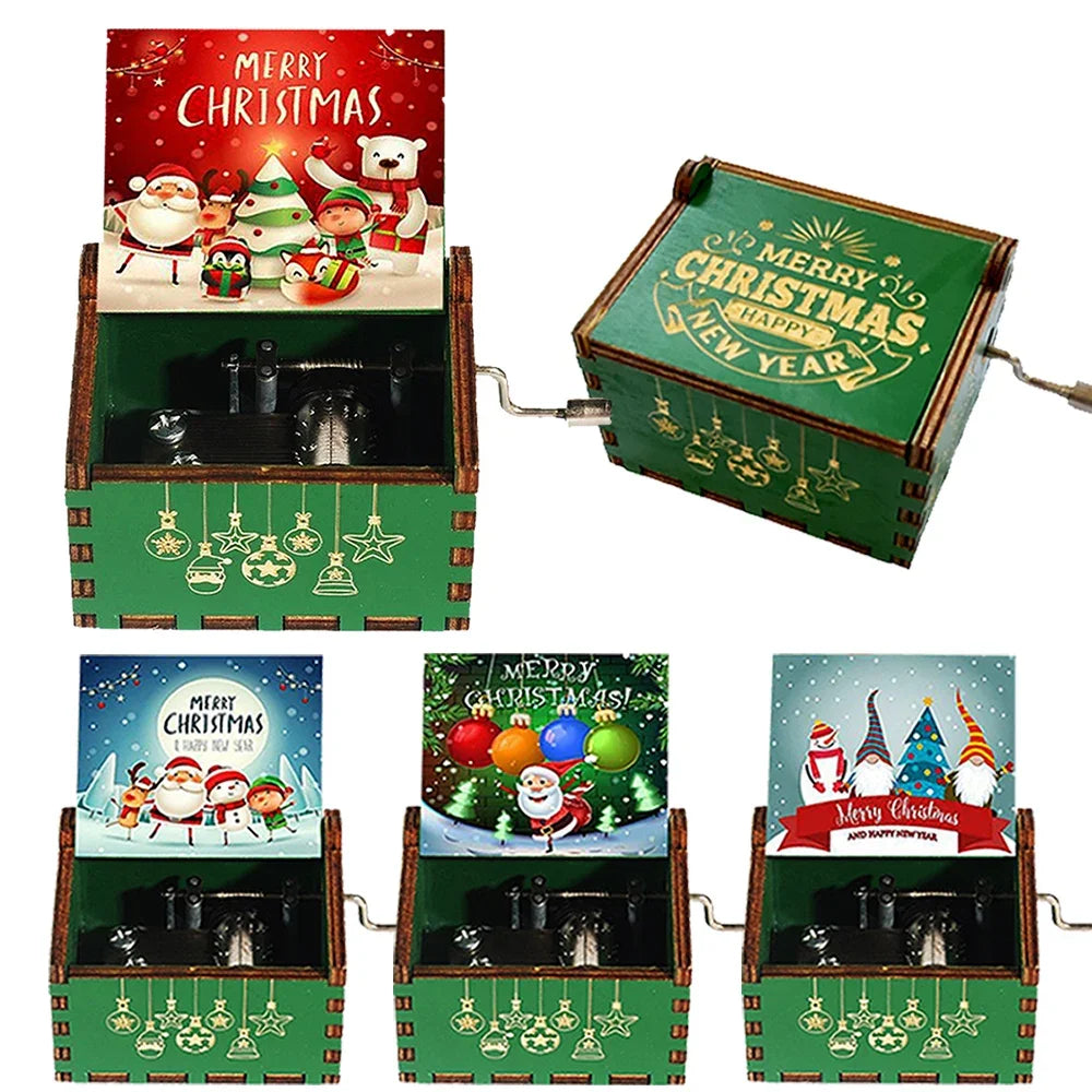 Merry Christmas Music Box Wooden Antique Carved Hand Cranked Classic Theme Music for Birthday Party Gifts Family Decoration