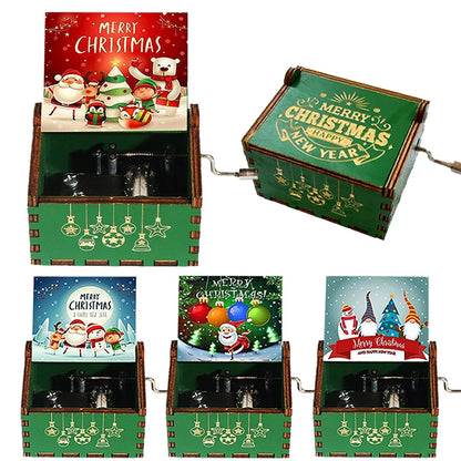 Merry Christmas Music Box Wooden Antique Carved Hand Cranked Classic Theme Music for Birthday Party Gifts Family Decoration
