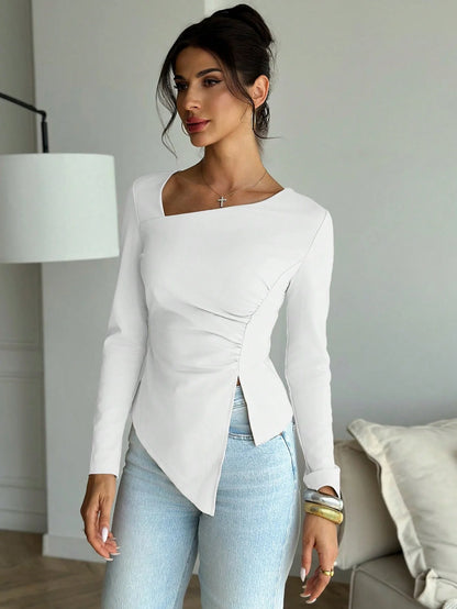 Autumn and winter daily simple elegant date out of the street solid color long sleeve waist troops in the hem tight T-shirt