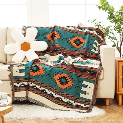 Retro Indian Style Thread Blanket Countryside Geometry Sofa Cobertor Hanging Tapestry Cotton Knitted Sofa Blanket for Bed Travel