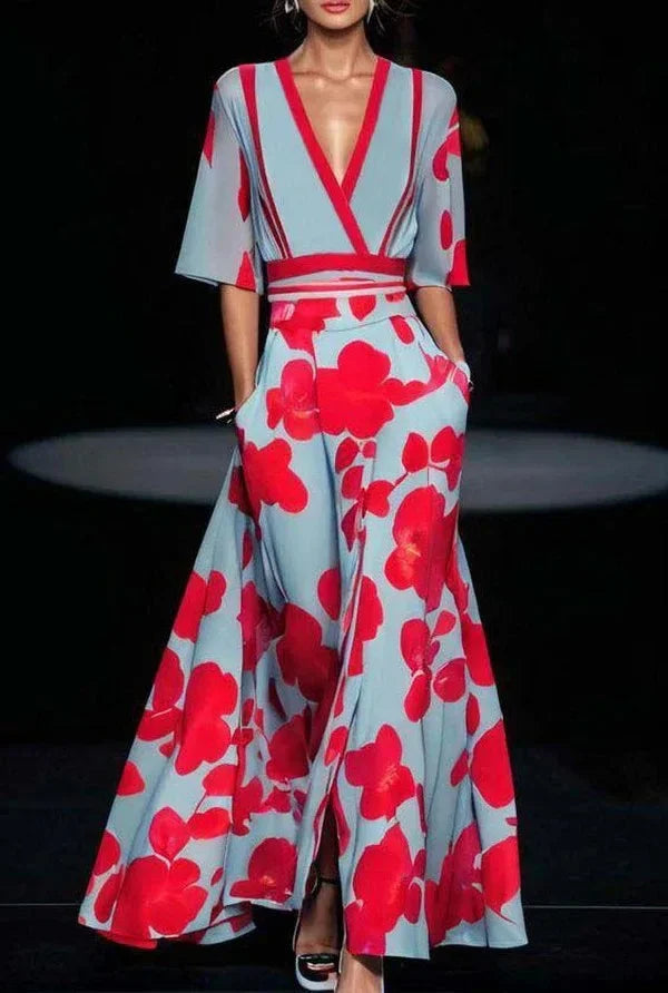 EtherealBe boho v neck maxi dress with pockets in blue with vibrant red floral print