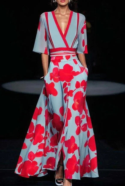 EtherealBe boho v neck maxi dress with pockets in blue with vibrant red floral print