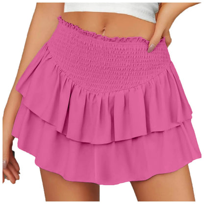 Womens High Waist Ruffle Flowy Mini Skirts Stretchy Lined Layered Pleated Casual Beach Short Skirt Solid Color Sweet Dress