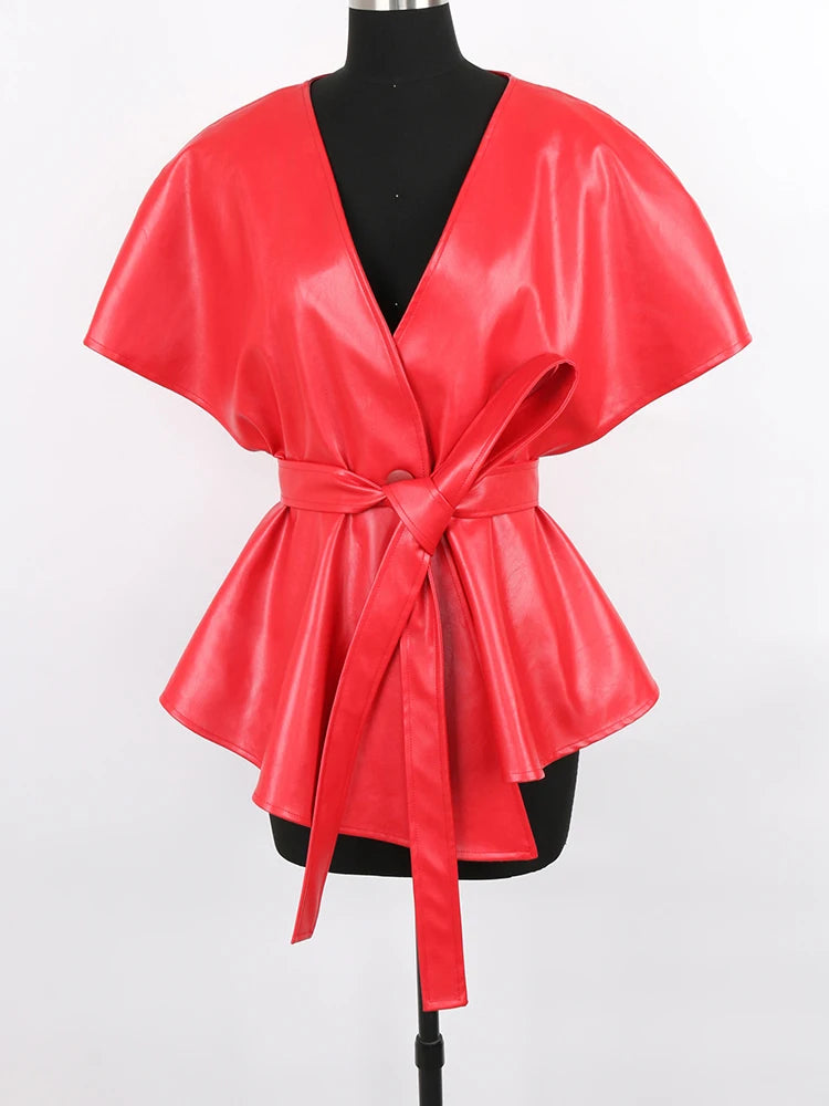 Nerazzurri Spring Short Red Faux Leather Vest Women Belt Runway Fashion Elegant Luxury Designer Clothes Sleeveless Jacket 2022