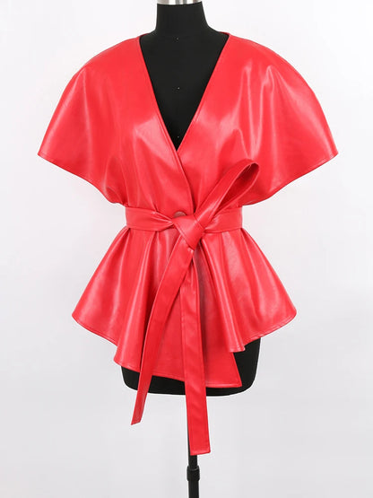 Nerazzurri Spring Short Red Faux Leather Vest Women Belt Runway Fashion Elegant Luxury Designer Clothes Sleeveless Jacket 2022