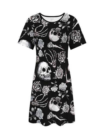 EtherealBe Gothic Skull Dress for Women with Floral and Skeletal Patterns on a Black Background