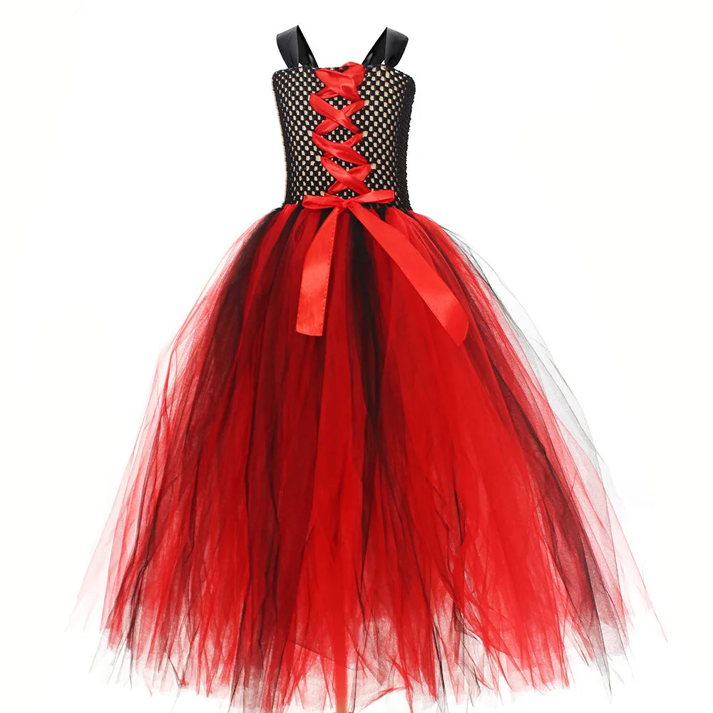 Halloween Vampire Costume for Girls Devil Witch Gothic Puffy Mesh Clothes Demon Vampires Queen Cosplay Carnival Party Dress