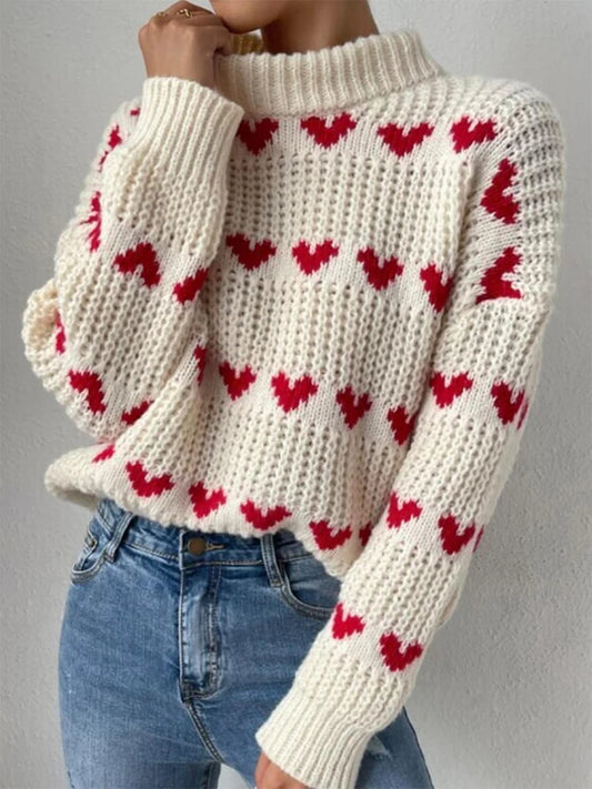 Autumn/Winter New Arrivals European & American Style Pullover Sweater Loose-Fit Heart-Pattern Jacquard Knitwear for Women