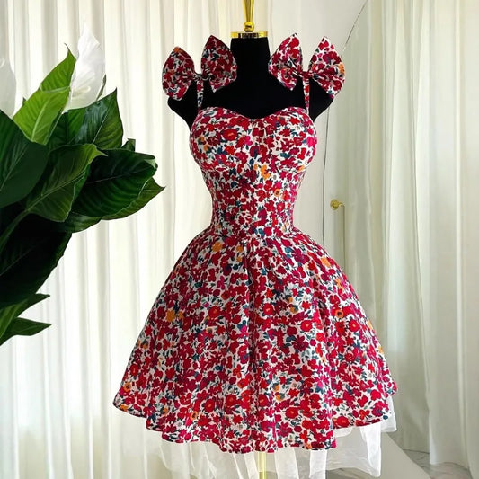 Elegant Floral Print A- Line Mini Dress with Bow Knot High Waist Slimming for Women Spring Season Fashion Casual Skirt
