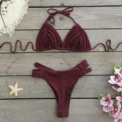 Comfortable Brazilian G-String Swimwear Bandage Stripes Trim Halter Female Bikini Set 2024 New Fashion Chest Pad Beachwear