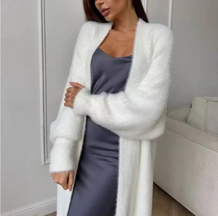 Autumn Elegant Women Fuzzy Knit Long Cardigan Fashion Casual All White Simple Coat 2025 Holiday Work Female Knitwear Overcoat
