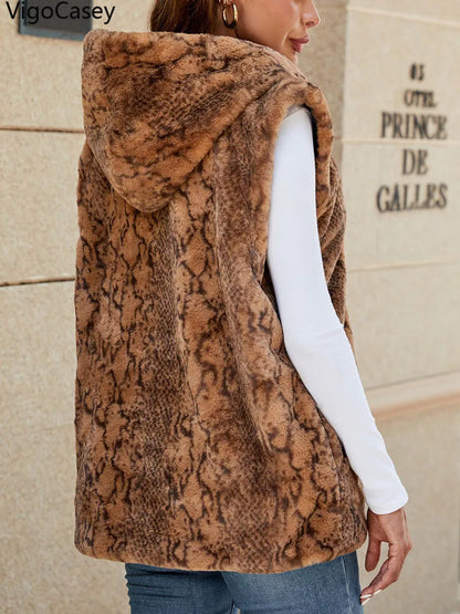 VigoCasey 2025 Autumn Winter Hooded Thick Vest Coat Woman Sleeveless Plush Warm Waistcoat Lady Print Warm Fluffy Vest Jacket