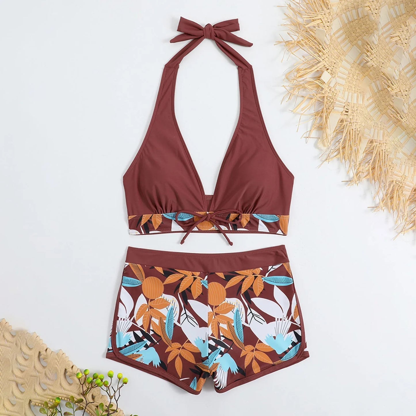 Women's Paneled Printed Swimsuit Ladies Fashion Sexy Split Boxer High Waist Swimsuit Two-Piece Set V-Neck Bathing Suits Female