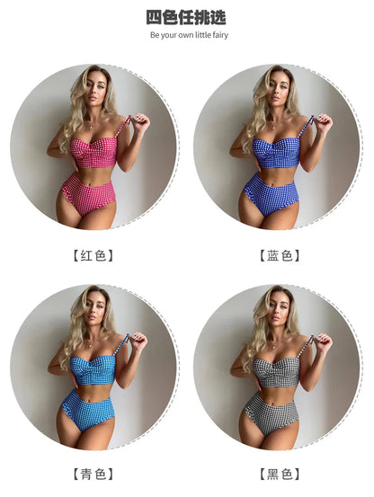 Women Sexy Slim Plaid Two Pieces Swimsuit High Waisted Bikini Swimwear 2024 Bikini Sets Size S-3XL Rose Red/Black/Blue/Sky Blue