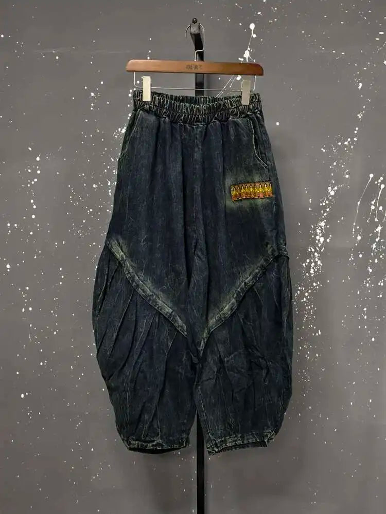 DEAT Personality Loose Denim Pants For Women 2025 Spring New Item High Elastic Waist Big Size Splicing Jeans Female 11A02417