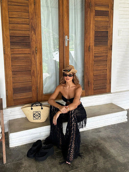 3 Pcs Sexy Bandage Bikini With Pants Wide-Leg Lace Pants Summer Women White Tube Top with Pants Suit Female