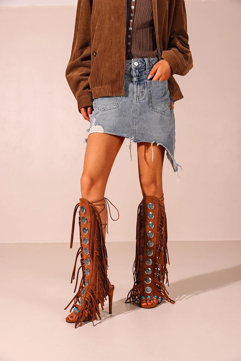 Real cow suede leather Tassels women sandals sexy high heel crystal lace up women shoes