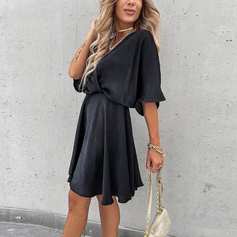 Sexy V Neck Dresses For Women Elegant Short Sleeve Solid A-line Loose Mini Dress Women Casual Beach Party Dress Boho 2022