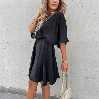 Sexy V Neck Dresses For Women Elegant Short Sleeve Solid A-line Loose Mini Dress Women Casual Beach Party Dress Boho 2022