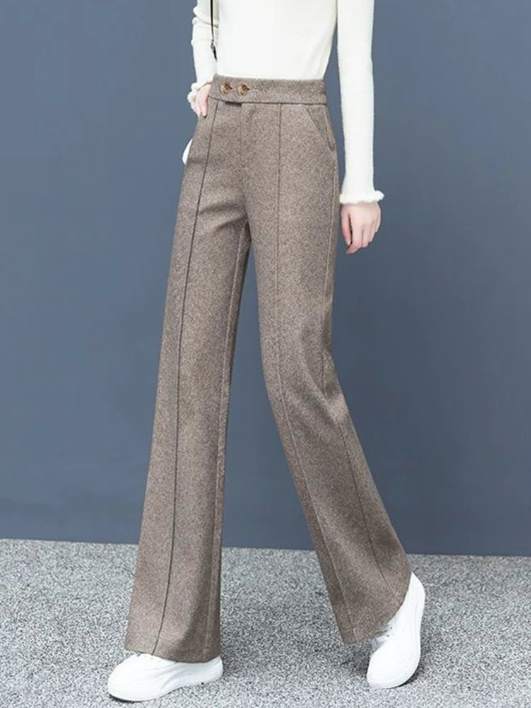 Herringbone Woolen Cloth Wide Leg Pants Women Autumn and Winter 2023 High Waist Pants Vintage Slim Elastic Waist Woman Trousers