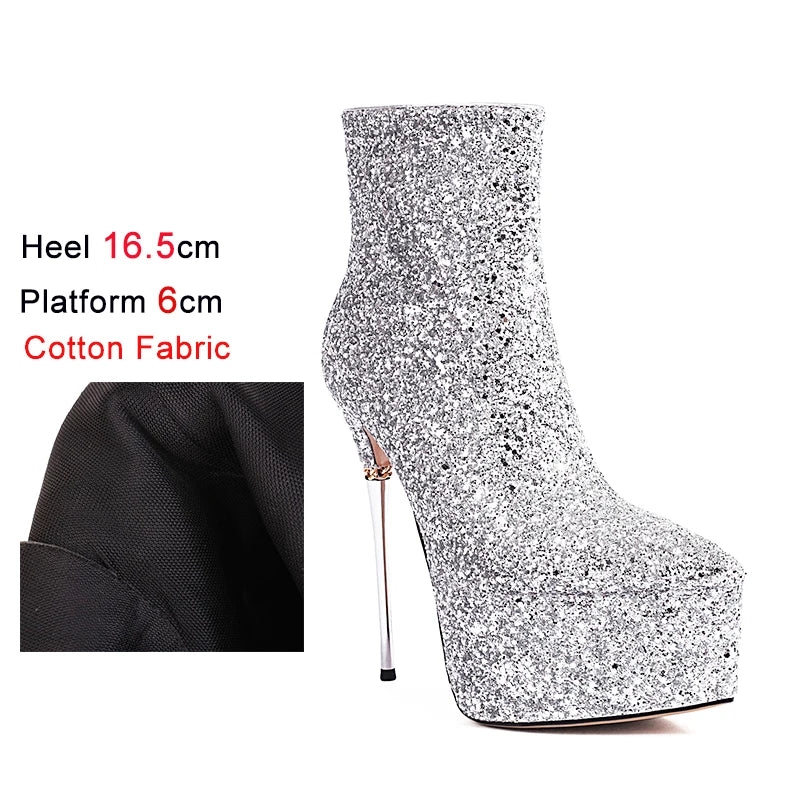 2025 New Autumn Winter Shiny Stiletto Ankle Boots Woman High Heels Glitter Bling Short Boots Women Platform Pointed Toe Shoes