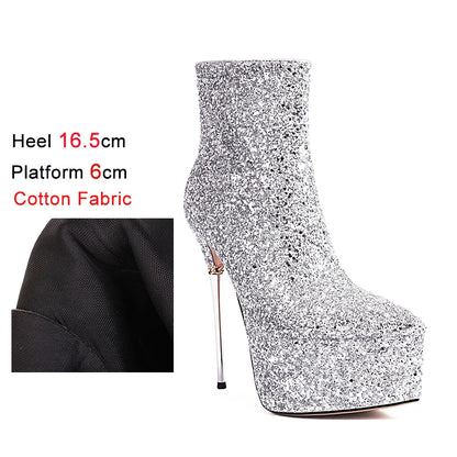 2025 New Autumn Winter Shiny Stiletto Ankle Boots Woman High Heels Glitter Bling Short Boots Women Platform Pointed Toe Shoes