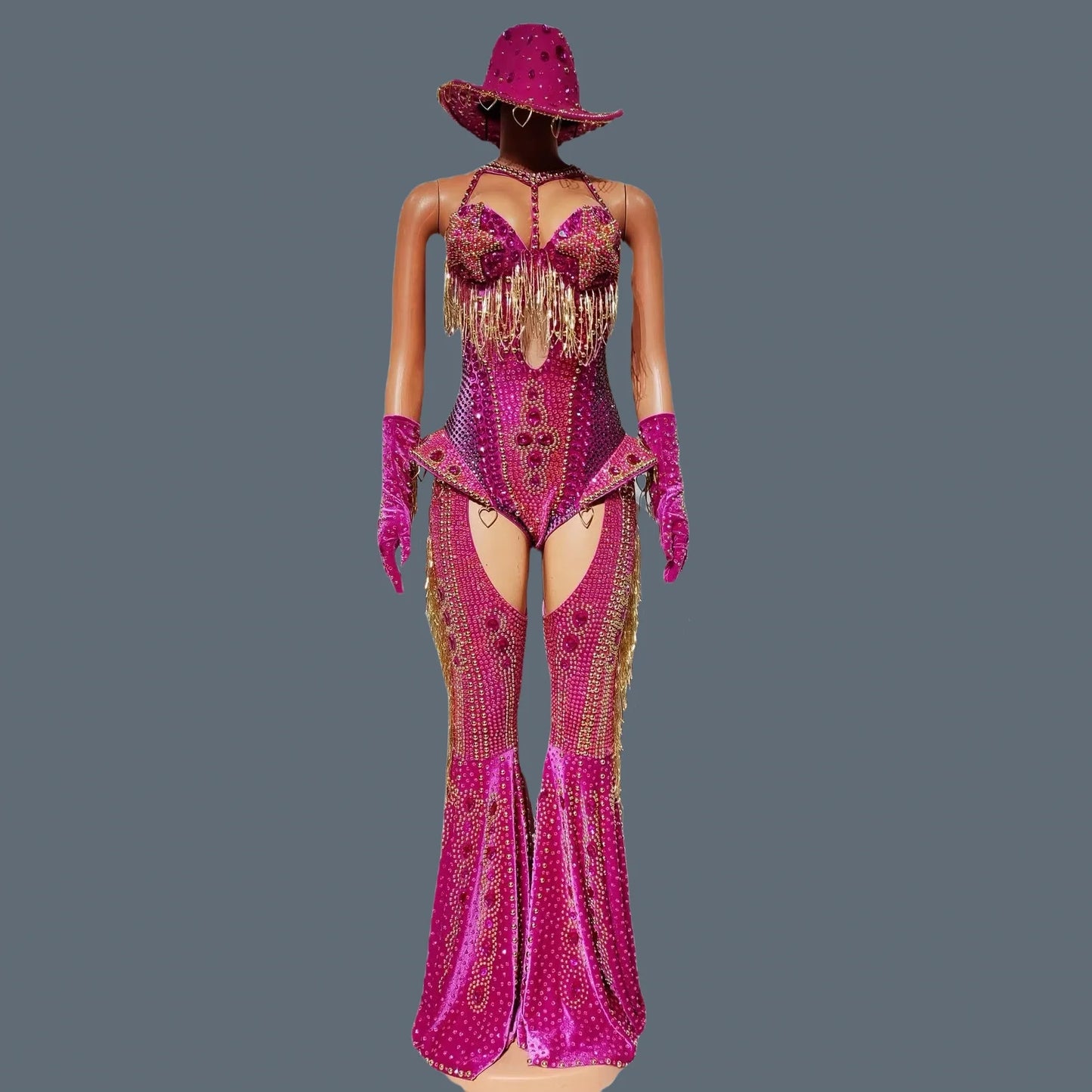 Women Sparkly Rhinestone Red Bodysuit 4Pieces Set Nightclub Party Stage Show Outfit Cabaret Carnival Showgirl Sexy Wear Hongding