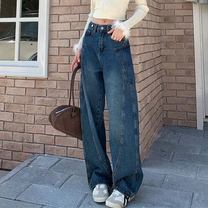 Autumn 2025 High Waist Slim Tapered Wide Leg Jeans Y2K Vintage Blue Denim Pants Dongdaemun Curved Hem for Women