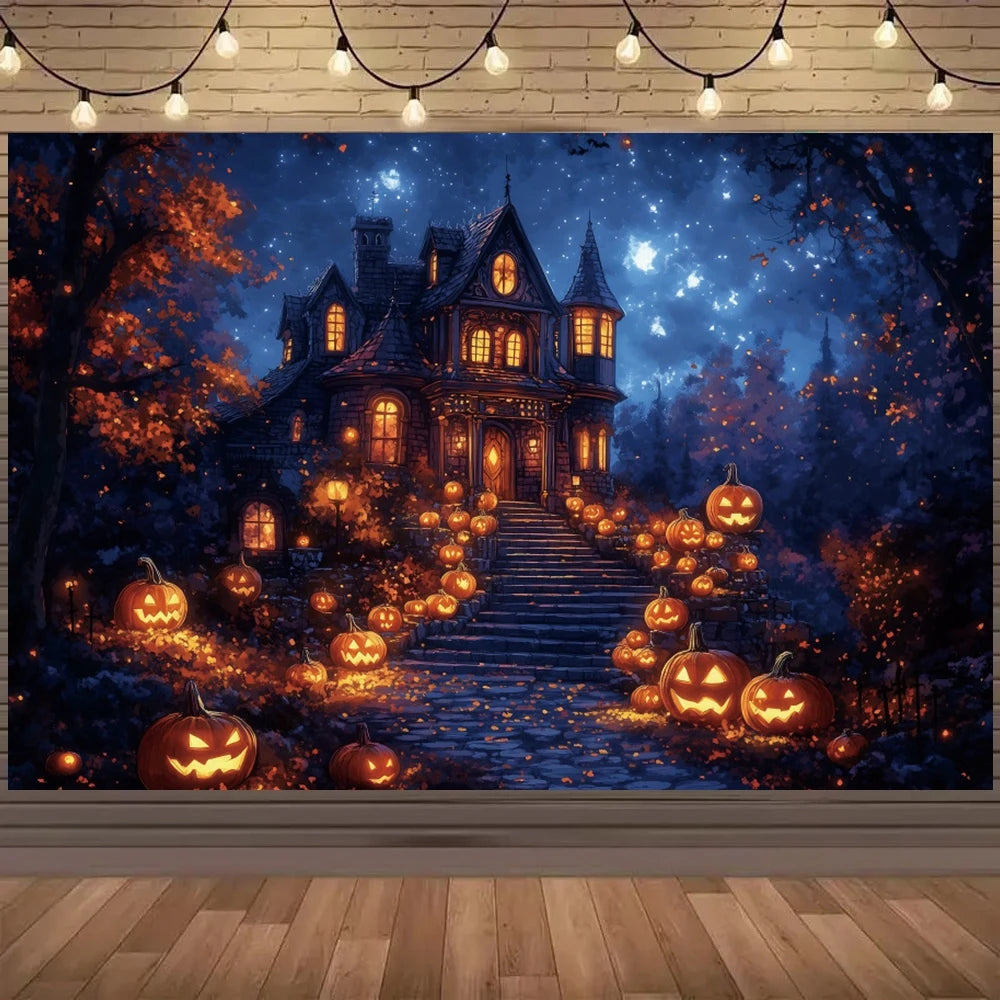 Spooky Halloween photo backdrop featuring a haunted house with glowing pumpkins and autumn leaves