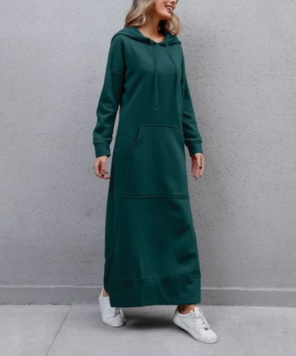 Autumn and Winter New Loose Size Knitted Hooded Long Dress Plush Casual Fashion Dress Large Pocket Skirt Women's Wear
