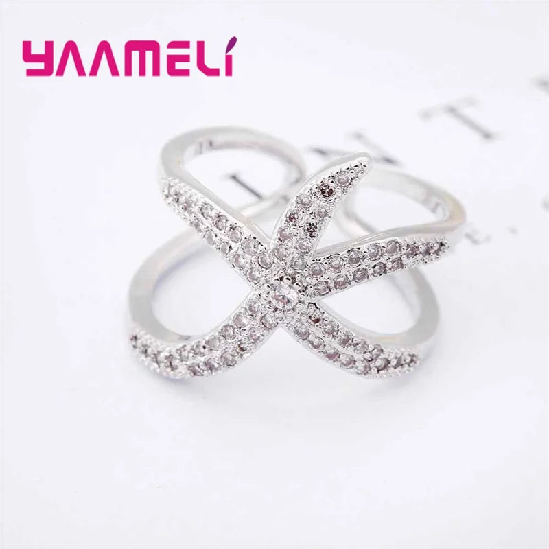 Newest Original 925 Sterling Silver Color Adjustable Ring Big Starfish Paved Shiny White Crystals Opening Rings Women Accessory