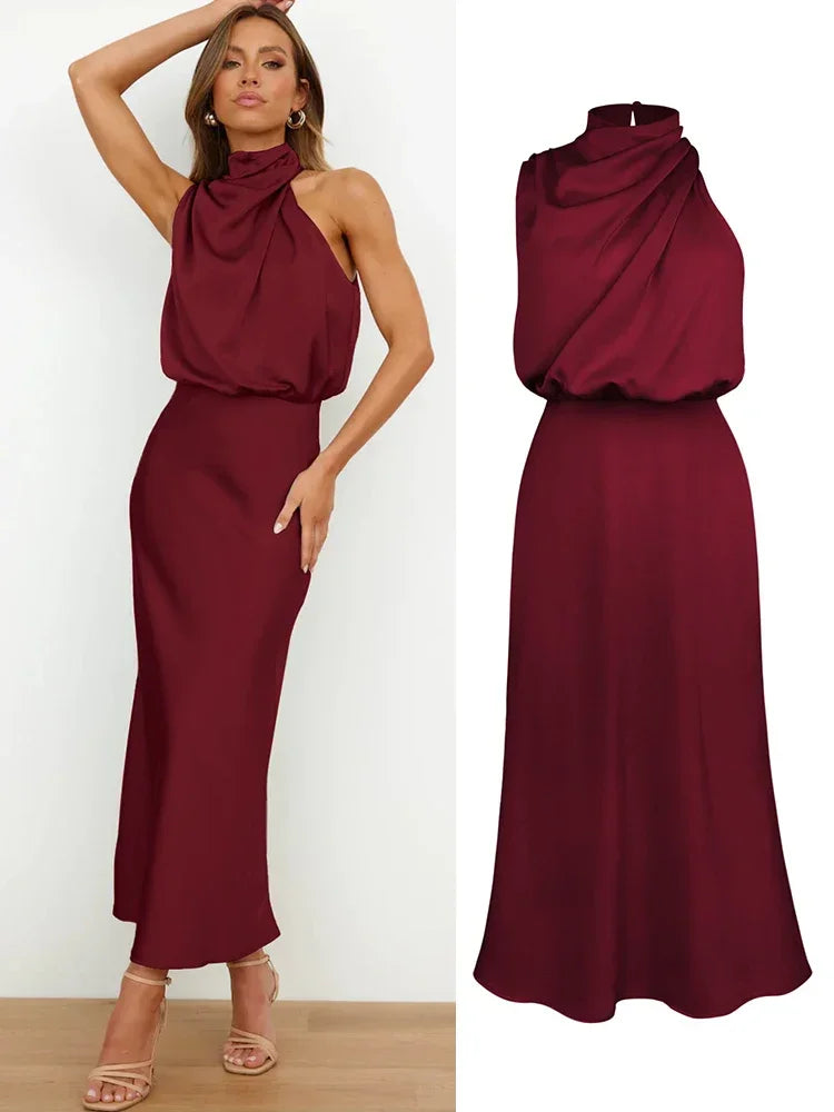 Summer Luxury Sleeveless Silk Satin Long Dress Women Elegant Off Shoulder Celebrity Evening Dress Partywear Lady Trumpet Dress