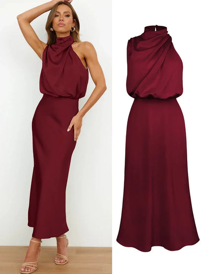 Summer Luxury Sleeveless Silk Satin Long Dress Women Elegant Off Shoulder Celebrity Evening Dress Partywear Lady Trumpet Dress