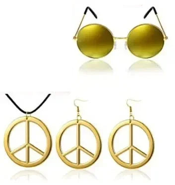 EtherealBe women's hippie disco costume set featuring round sunglasses and peace symbol jewelry