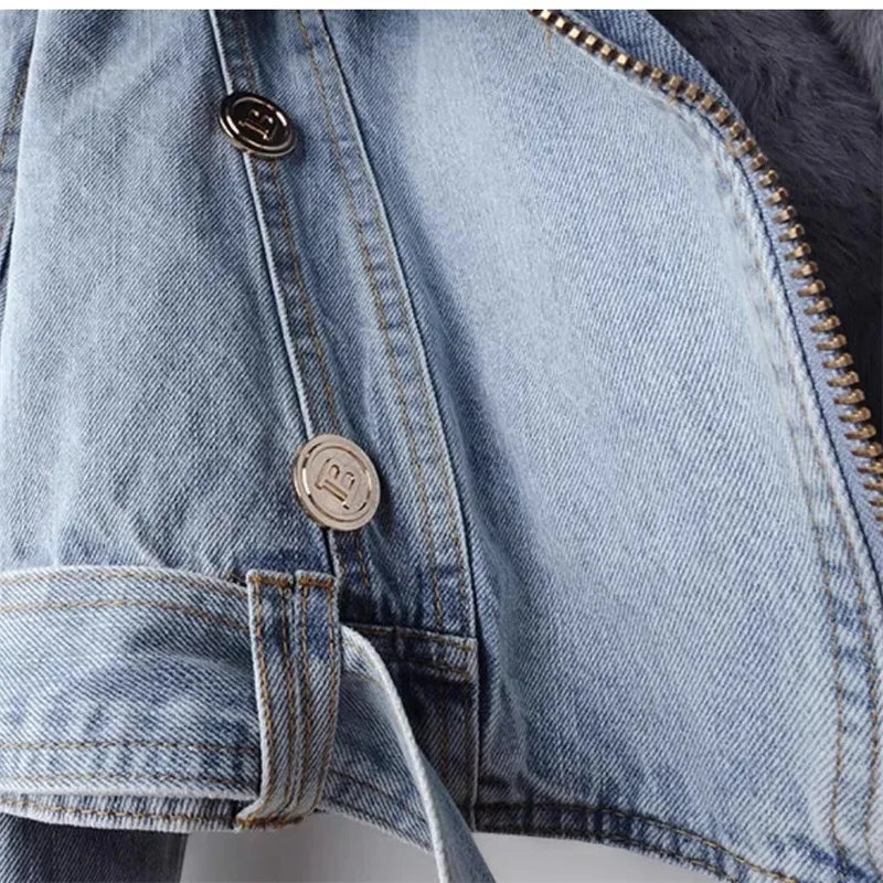2024 Autumn Winter New Detachable Faux Fox fur Rabbit fur inner lining Denim Jacket Women's Short Top Female Warm Parker Outwear