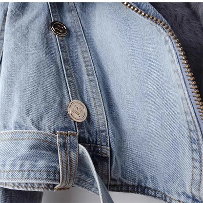 2024 Autumn Winter New Detachable Faux Fox fur Rabbit fur inner lining Denim Jacket Women's Short Top Female Warm Parker Outwear
