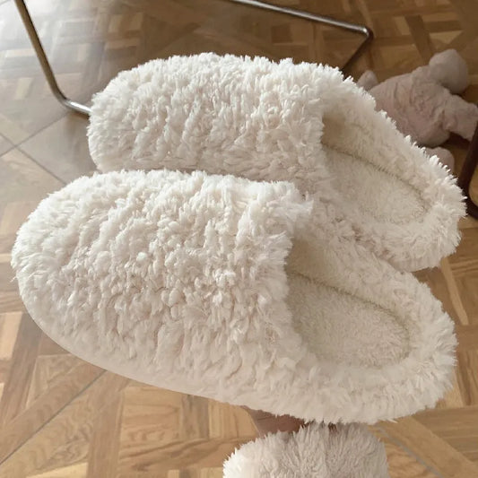 Japanese Simple Solid Color Home Slippers For Women Fluffy Winter Warm Indoor Bedroom Slides Female Furry Shoes