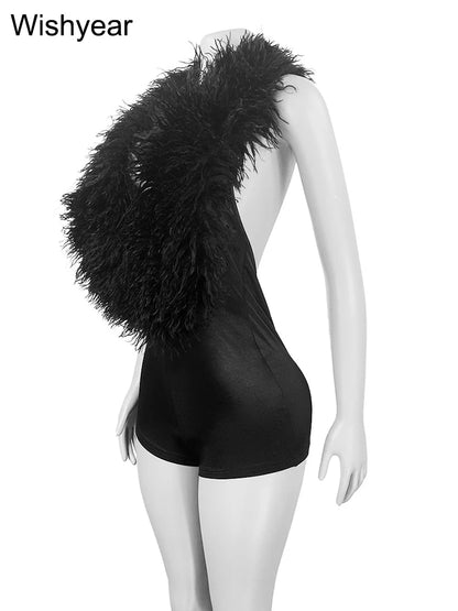 Fashion White Fluffy Backless Halter Faux Fur Short Jumpsuits Women Summer Sleeveless Playsuits One Pieces Party Night Clubwear