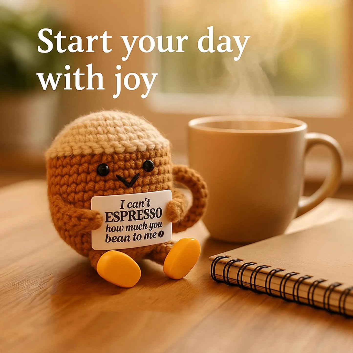 Funny Handwoven Positive Energy Coffee Cup Support Emotional Home Room Decoration Plush Knitting Doll Birthday Christmas Gift