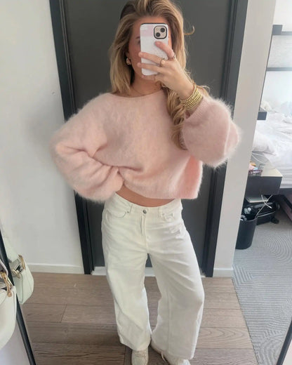 Fluffy Mohair Off Shoulder Cropped Sweater Oversize Slouchy Long Sleeve 2025 Autumn Cozy Women Knit Top Trendy Sweet Lady Jumper