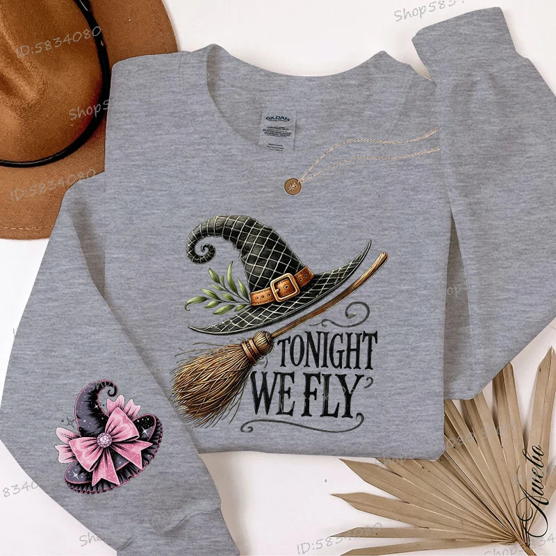 Gray sweatshirt for women featuring Halloween witch hat design with the text Tonight We Fly