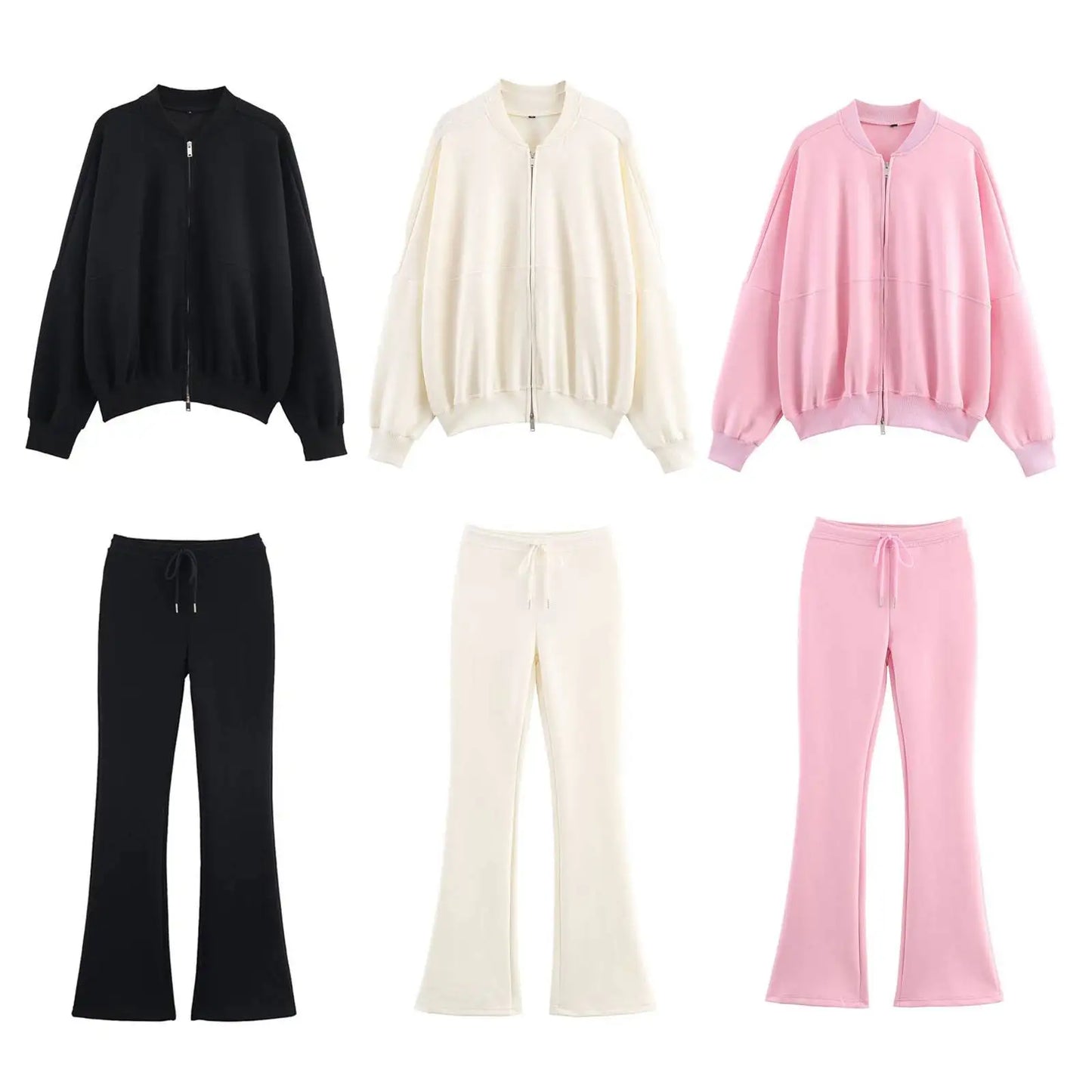 HH Women Casual Solid Coat Flared Pants Suits Long Sleeve Zipper Bomber Jackets 2025 New Fashion Lady Chic Outfit 2 Piece Set