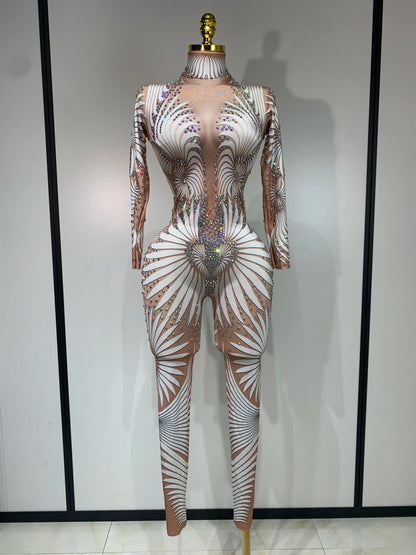 STOCK Sparkly Diamond Women Sexy Mesh Jumpsuit Nightclub Bar Party Show Gogo Dancer Clothing Drag Queen Outfit Stage Costume