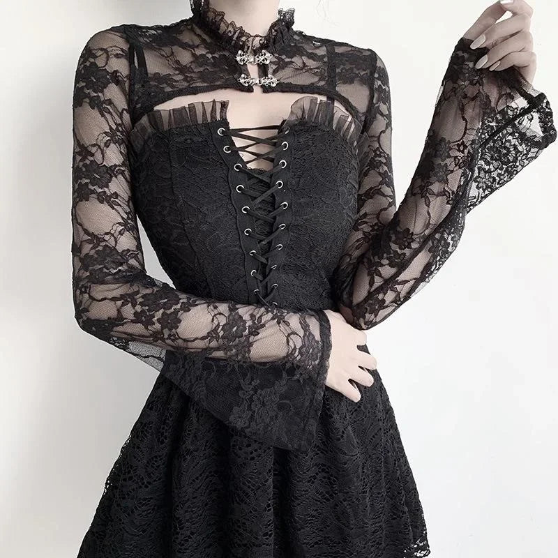 Vintage Dark Gothic Lace Mesh Long Flare Sleeve Overlay Turtleneck Covers Grunge Aesthetic Black Tops Streetwear for Women Egirl