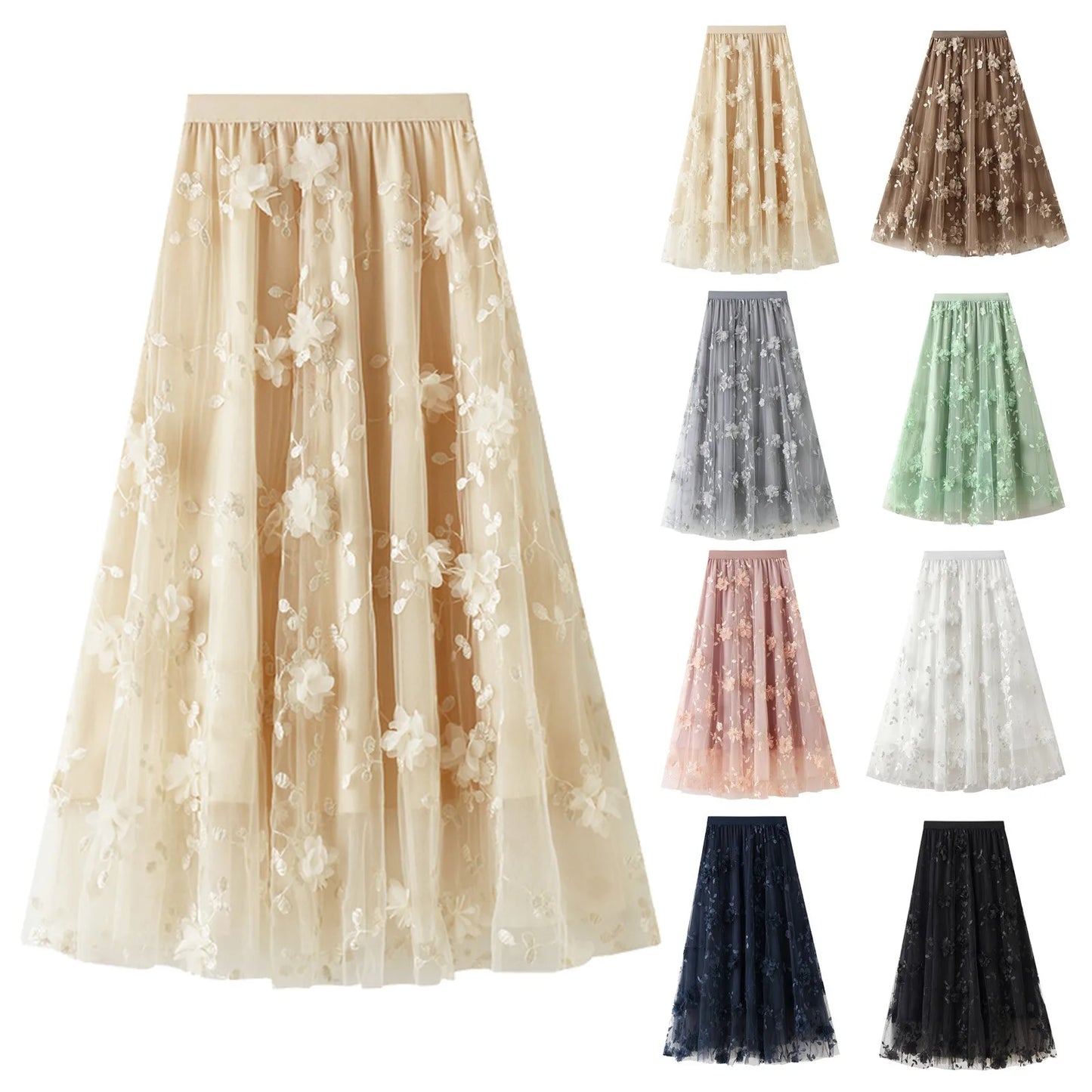 Korean Style Women's Floral Embroidered Mesh Skirt Harajuku High Waist A Line Midi Skirts Elegant Tulle Skirt Faldas Mujer
