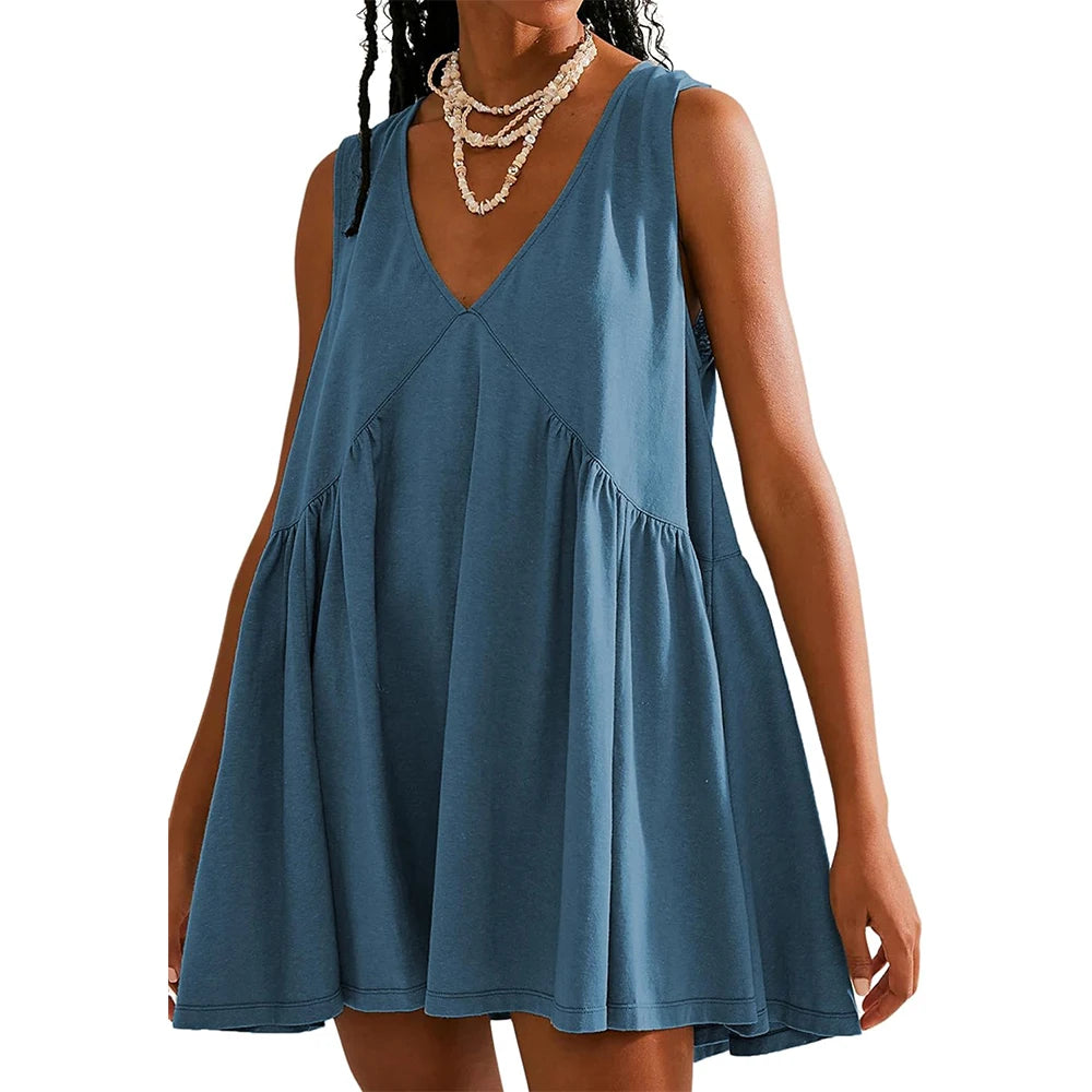 Womens Summer Sleeveless Mini Dress Casual Loose V Neck Sundress with Pockets 2025
