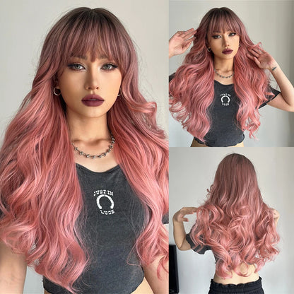 Element Medium Length Synthetic Straight Natural Brown Wigs with Side Bangs Heat Resistant Party Wigs for White/Black Women