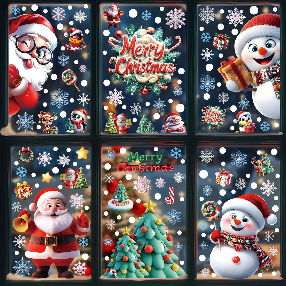 Christmas Window Static Clings Snowman Santa Claus Snowflake Reindeer Cute Xmas Decoration Decal Sticker Home Ornaments Supplies